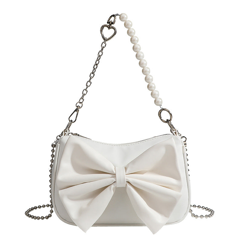 Black White PU Bow Handbags Autumn Winter Ladies Underarm Tote Bags Fashion Simple Pearl Chain Shoulder Bag Small Purse